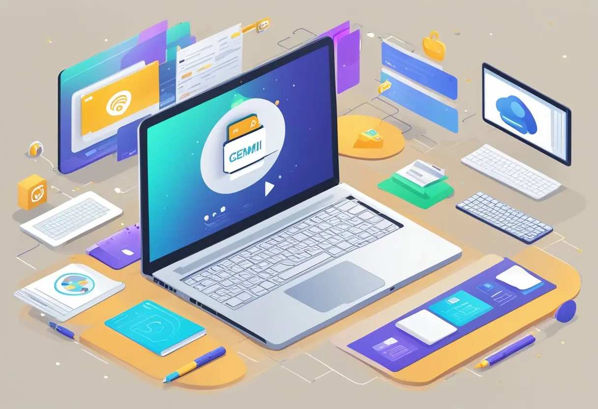 A laptop displaying ChatGPT and Gemini logos, surrounded by SEO keywords and content marketing strategies