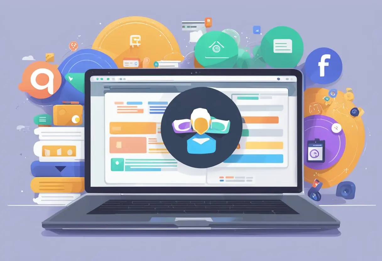 An animated laptop with ChatGPT and Gemini logos, competing in a battle of words, surrounded by keywords and SEO tools