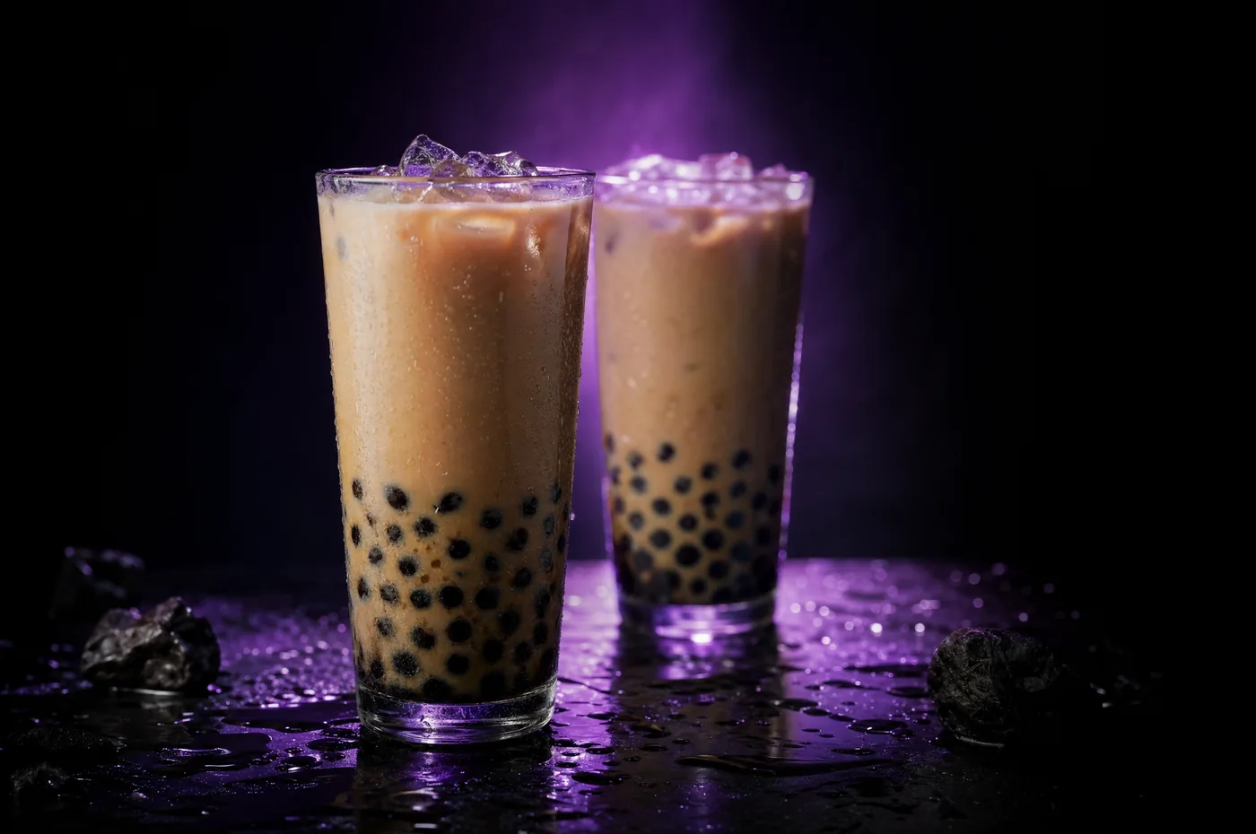 Bubble tea drinks in dramatic purple studio lighting