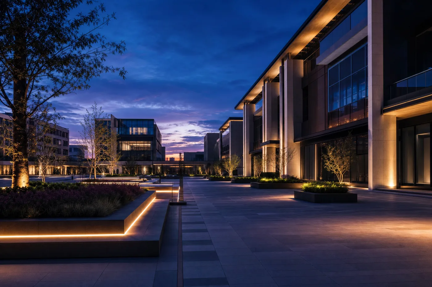 Modern urban business precinct at blue hour