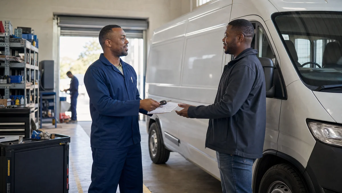 Local SEO for Fleet Services in Gauteng: The 2026 Playbook 3 A service advisor hands a job card and keys to a fleet driver beside a panel van in a Gauteng service bay