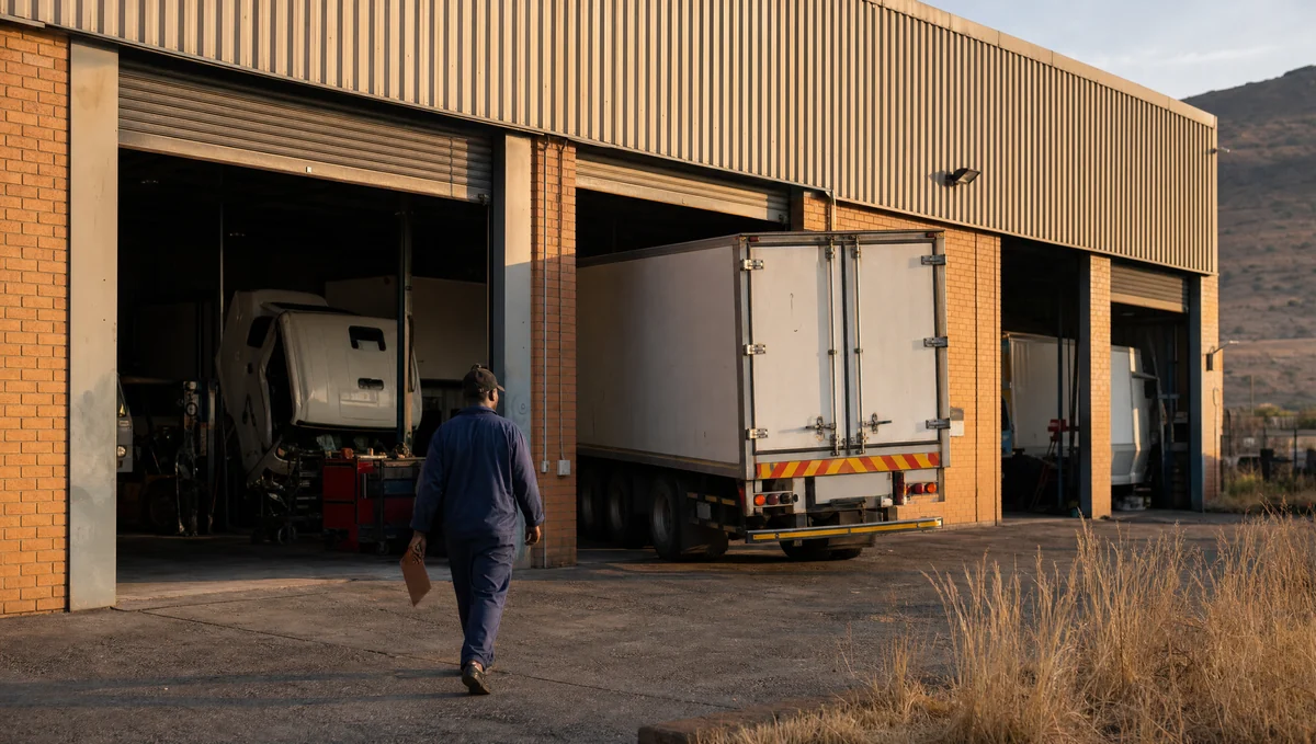 Local SEO for Fleet Services in Gauteng: The 2026 Playbook 1 Fleet service bays at a Gauteng workshop with a delivery truck reversing into a bay at golden hour