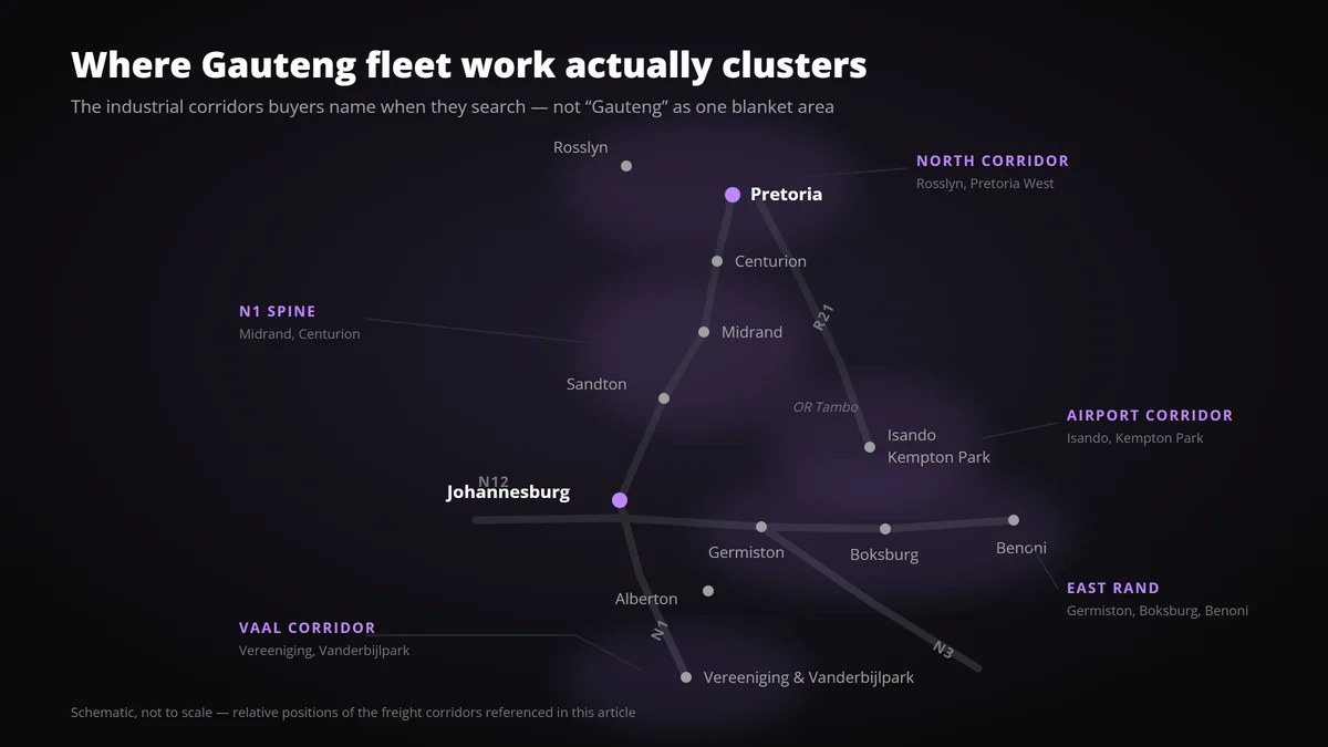 Local SEO for Fleet Services in Gauteng: The 2026 Playbook 2 Map of Gauteng fleet service corridors: Rosslyn, Centurion, Midrand, Isando, Kempton Park, Germiston, Boksburg, Benoni and the Vaal