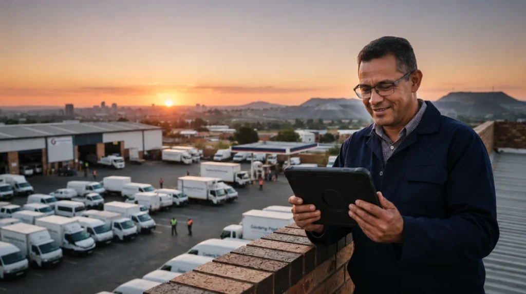 Local SEO for Fleet Services in Gauteng: The 2026 Playbook 1 Local SEO for fleet services in Gauteng, a fleet manager reviewing a depot of delivery vehicles at sunset outside Johannesburg