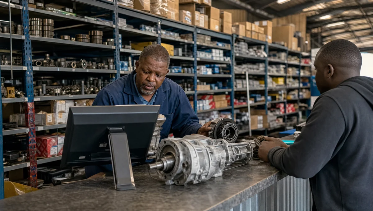 Local SEO for Fleet Services in Gauteng: The 2026 Playbook 4 A storeman at a truck parts counter checking a part against stock on screen, deep parts shelving behind him