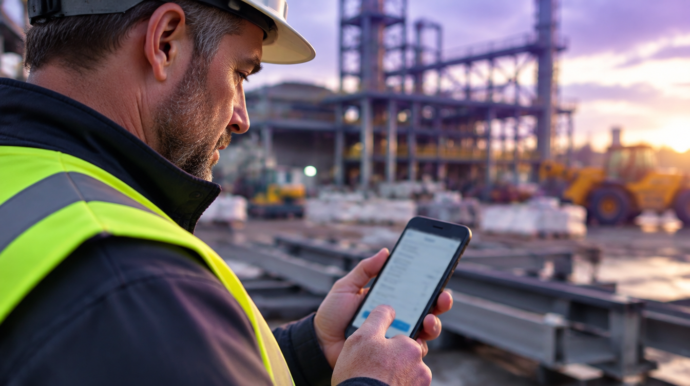 Site manager completing a B2B website enquiry form on a smartphone at an industrial site