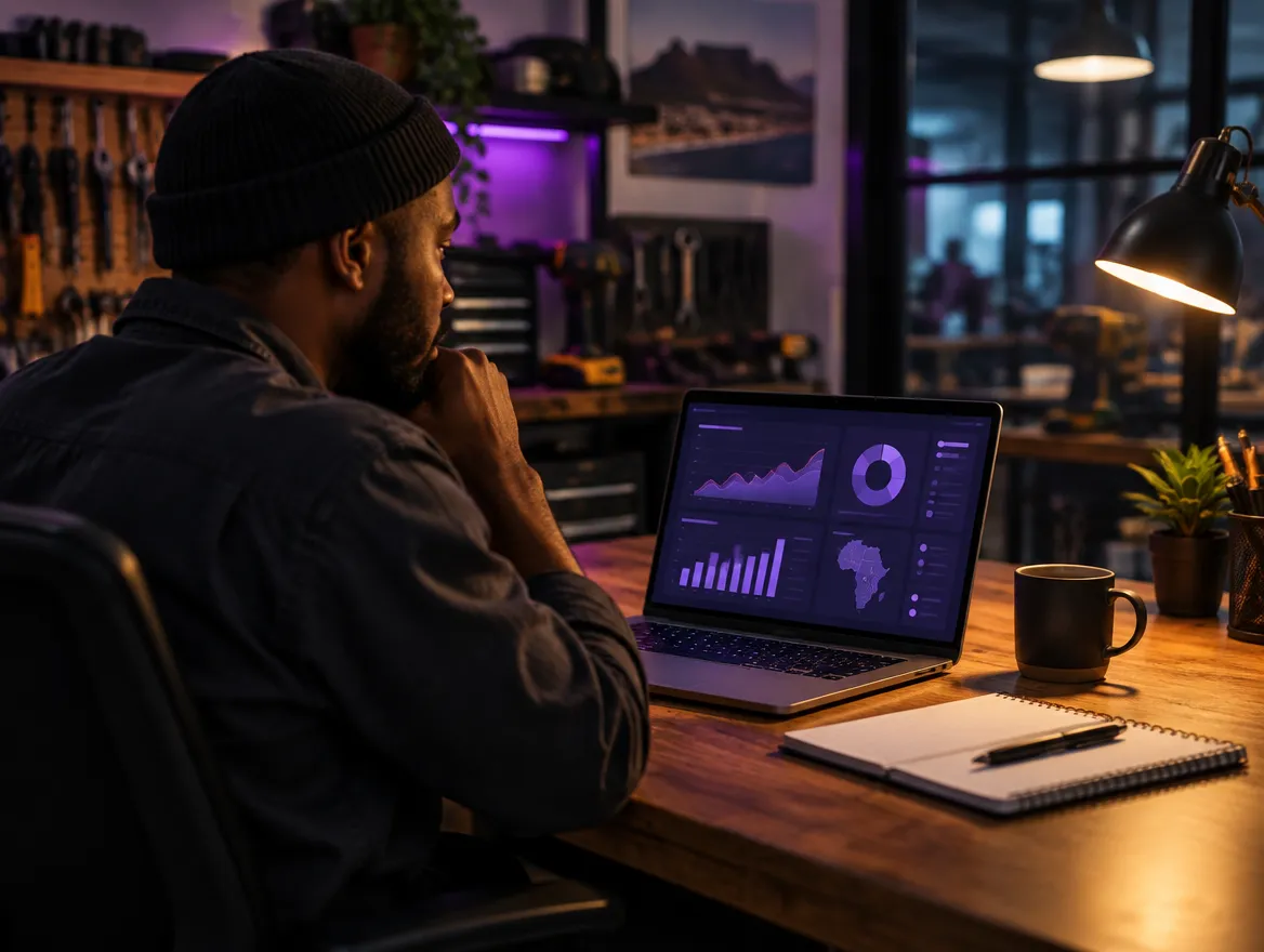 Business owner reviewing an advertising dashboard at a desk in a workshop office