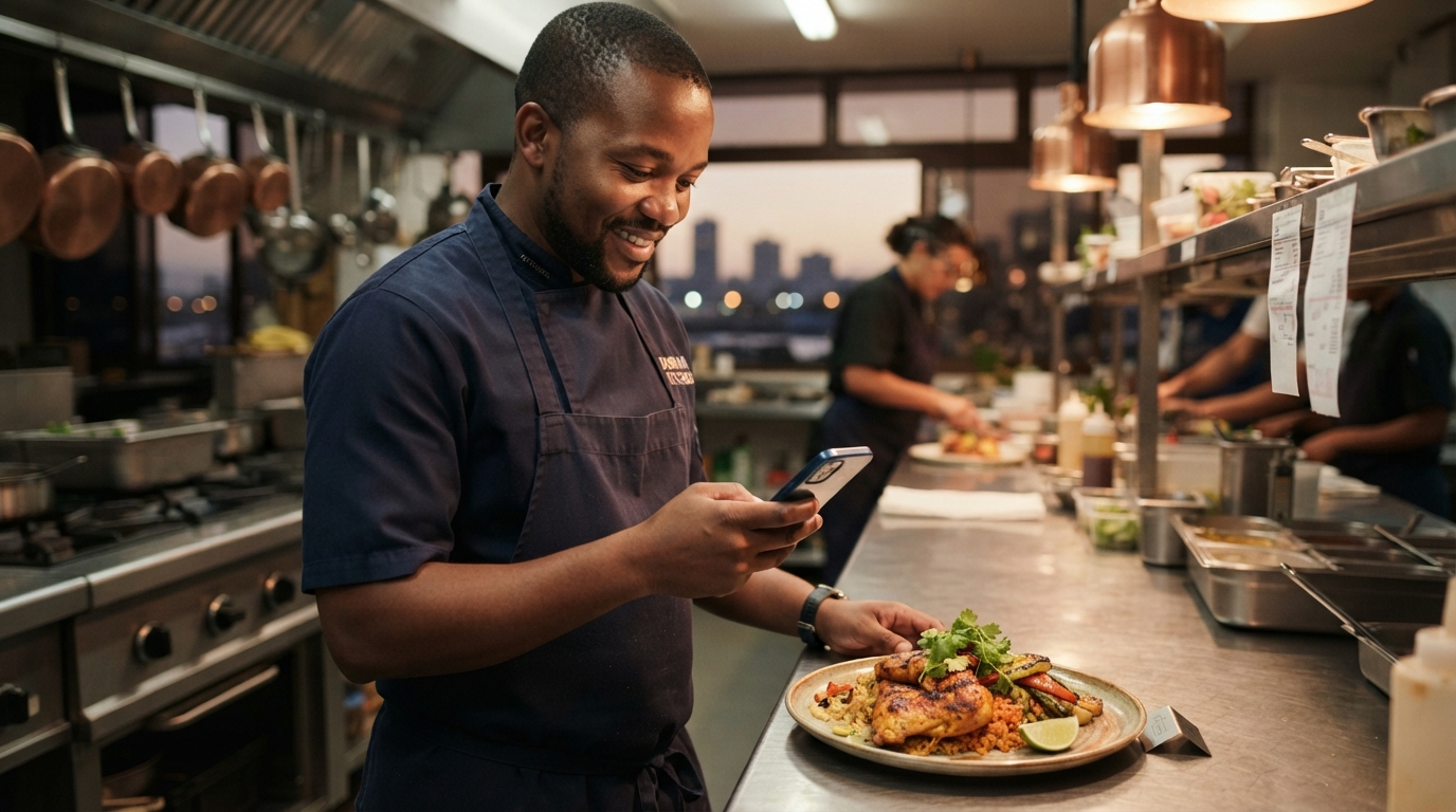 Chef in a commercial kitchen replying to a customer message on a phone beside a plated dish