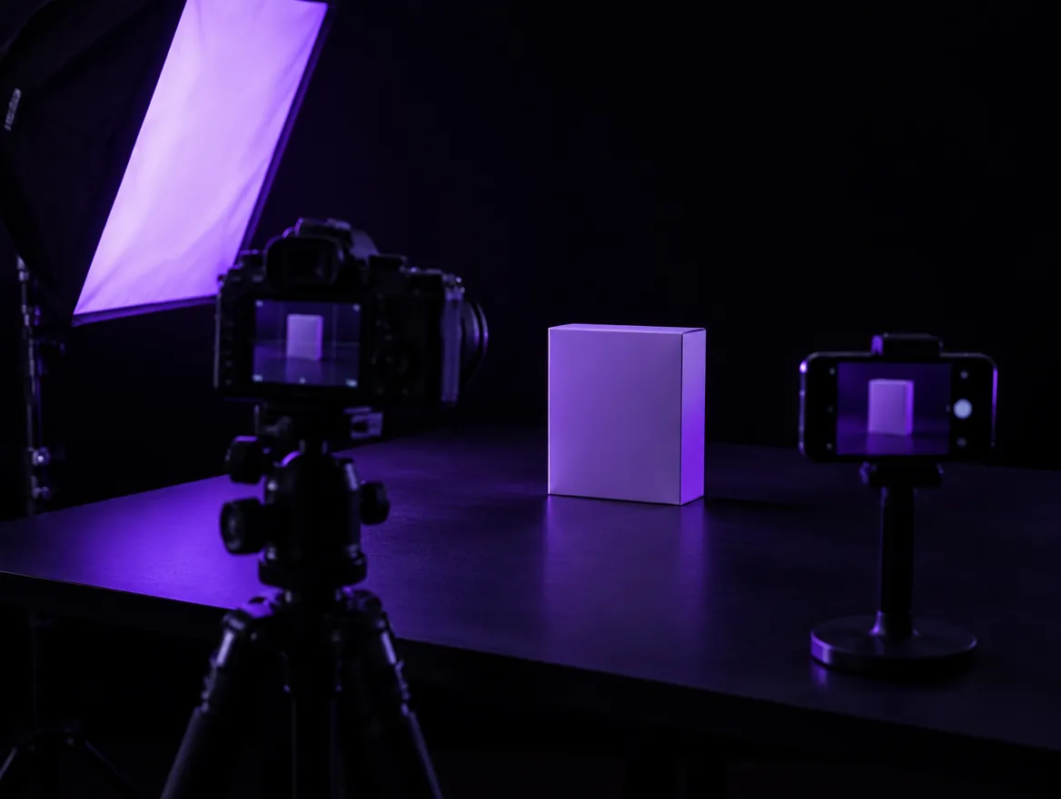 Camera and phone set up to shoot a product for an ad