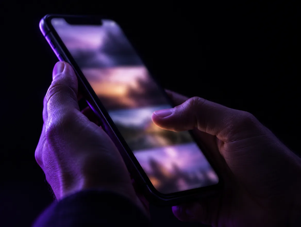 Hands scrolling a phone feed in low light