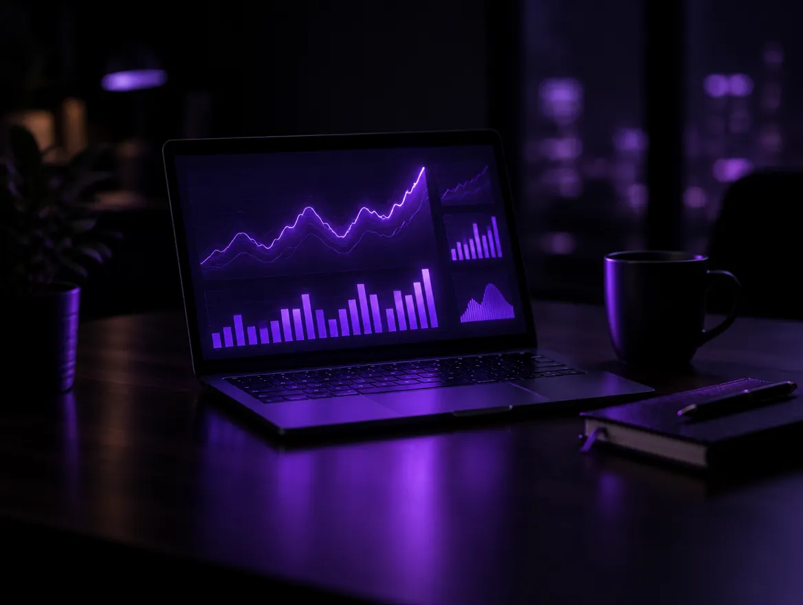 Laptop showing campaign performance charts in a dark office