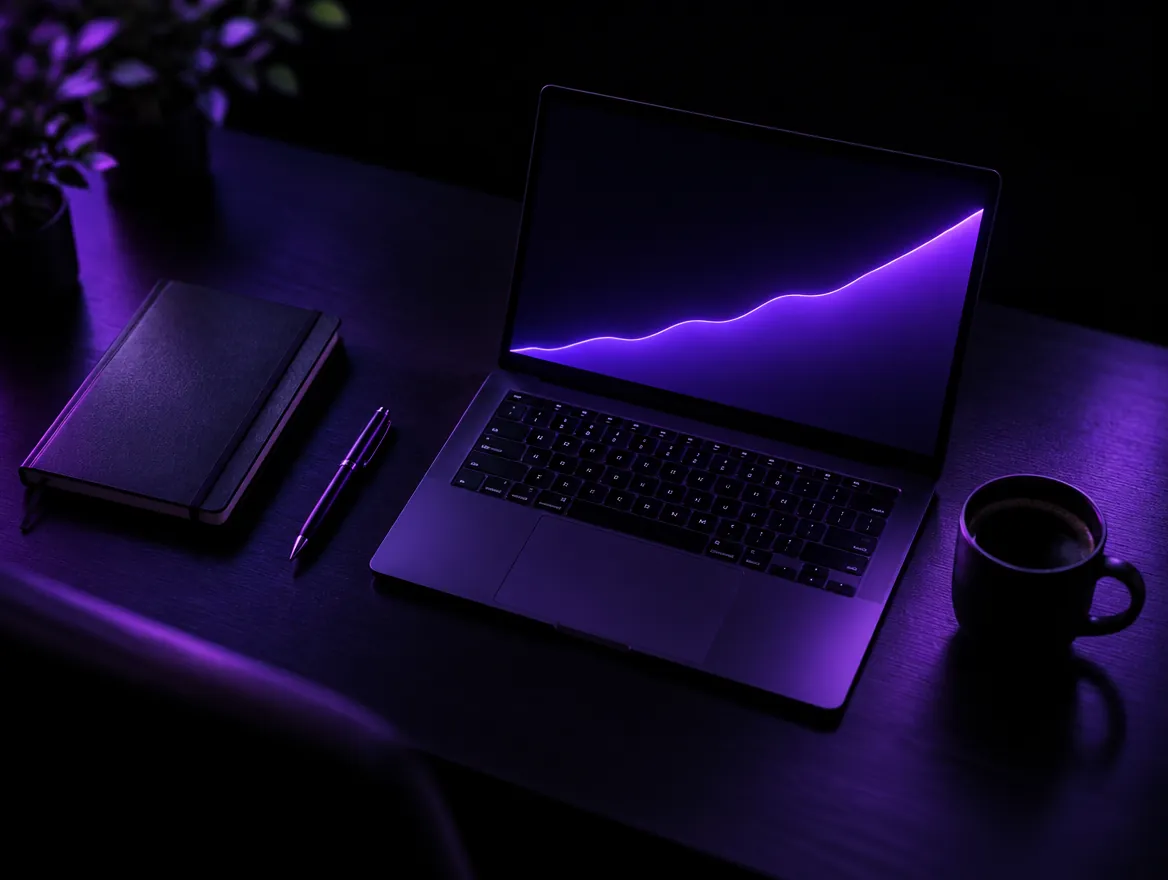 Seo Pricing 2 Laptop showing a rising growth curve on a dark desk