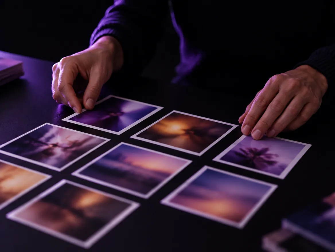 Hands arranging photo cards as a content calendar