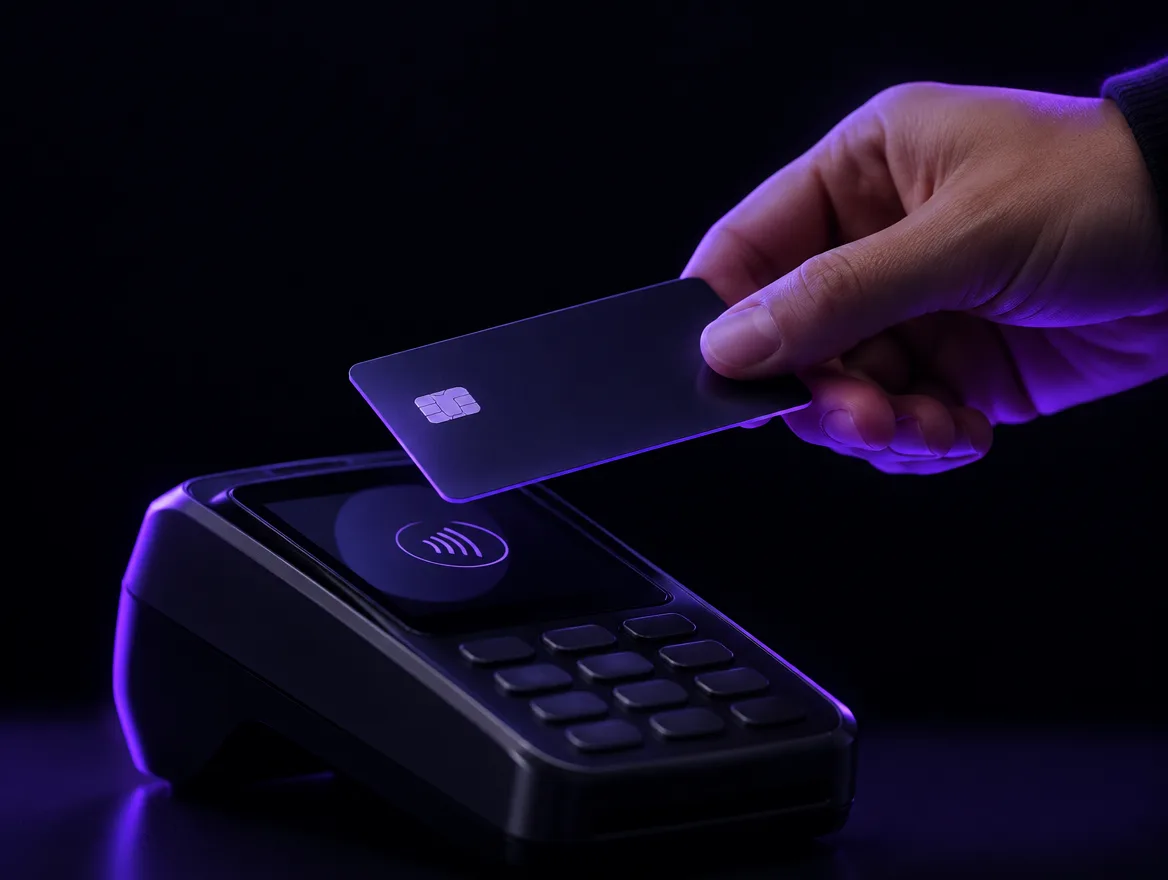 Hand tapping a card on a payment terminal