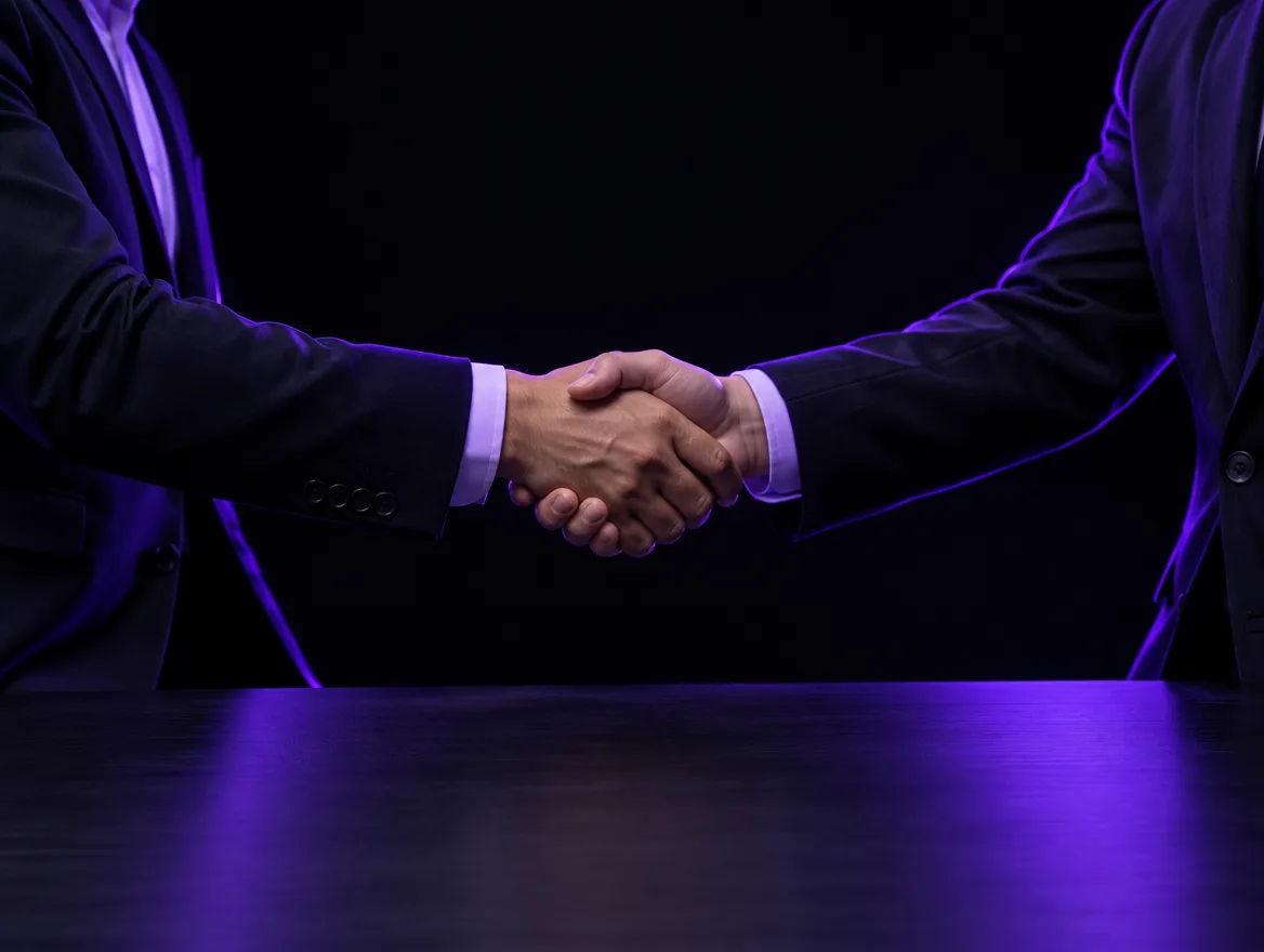 Two people shaking hands across a dark table