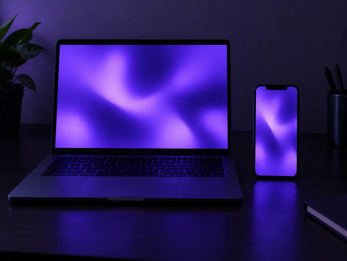 Laptop and phone side by side on a dark desk