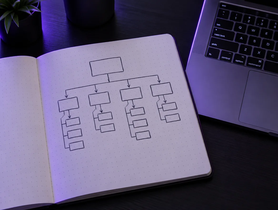 SEO Services 2 Hand-drawn site map beside a laptop on a dark desk