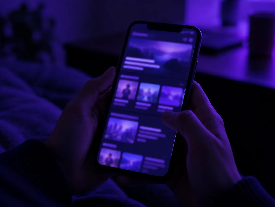 Hands holding a phone that shows a website layout