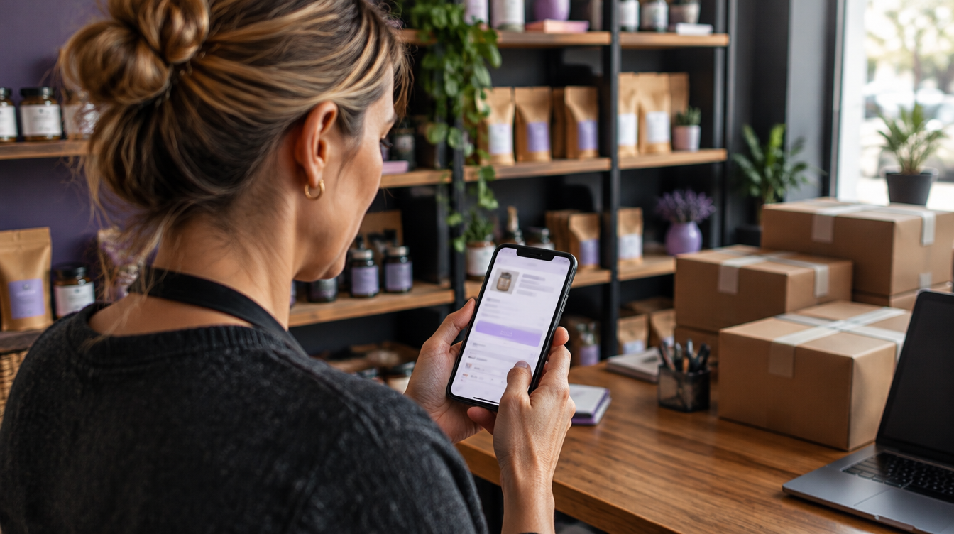 Small business owner testing a mobile online store checkout with courier boxes ready for delivery