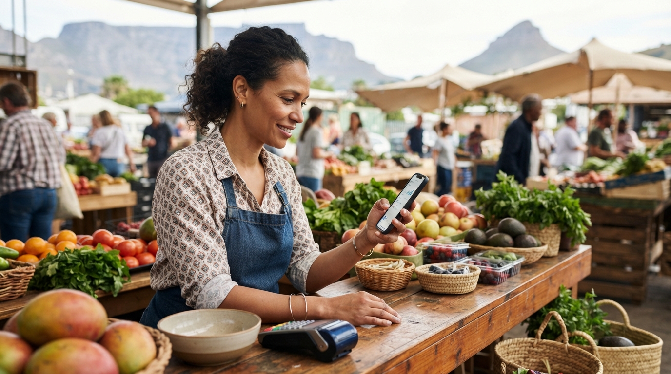 Shop owner checking social media enquiries and engagement on a smartphone at the counter