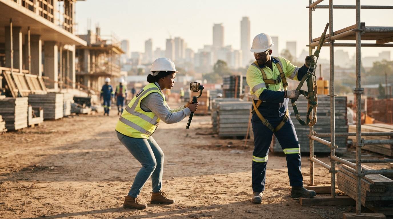 Social media marketing plan in action: a marketer films a site worker demonstrating safety equipment at a Johannesburg construction site