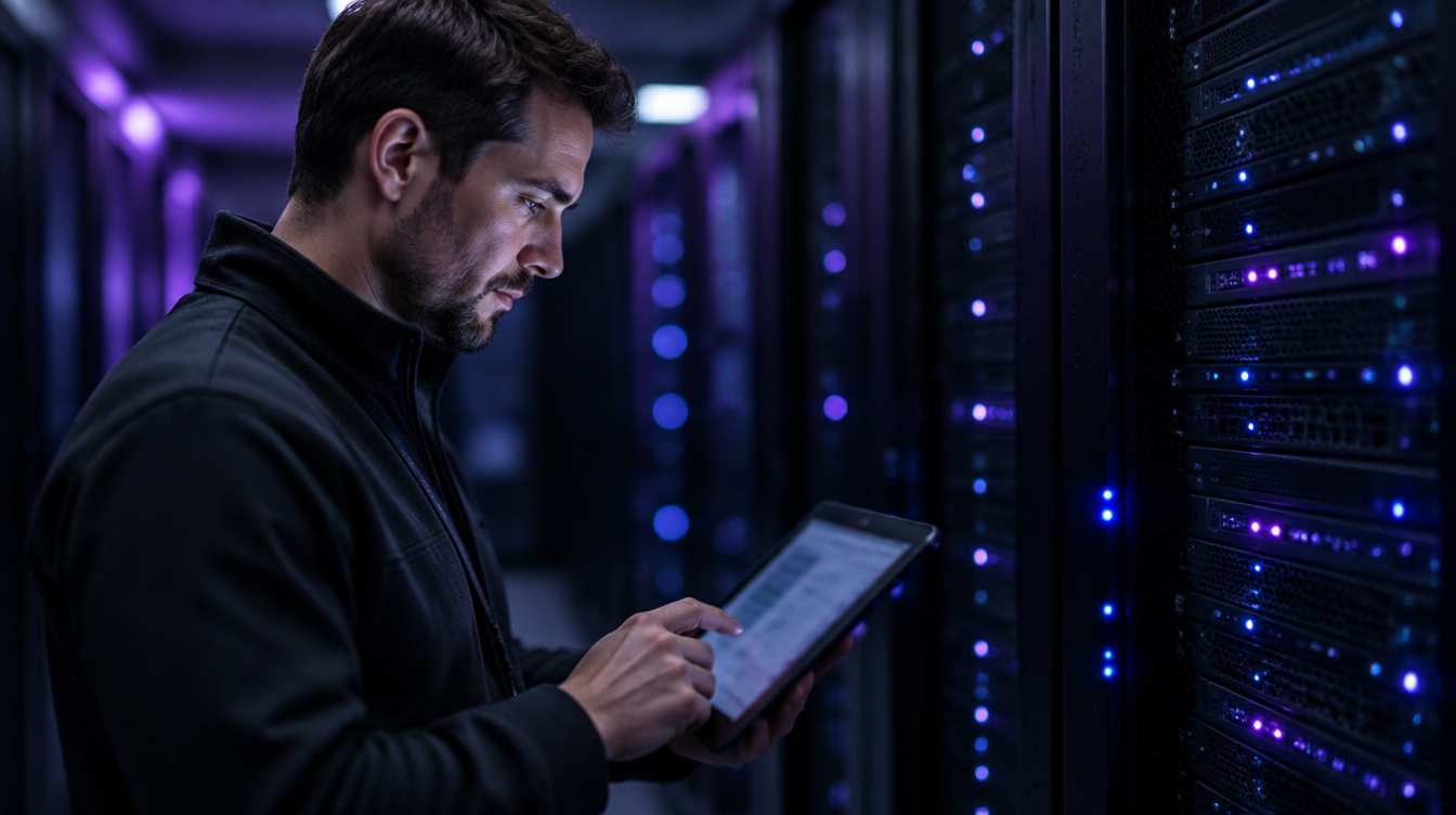 Technician checking website hosting and SSL certificate status in a server room