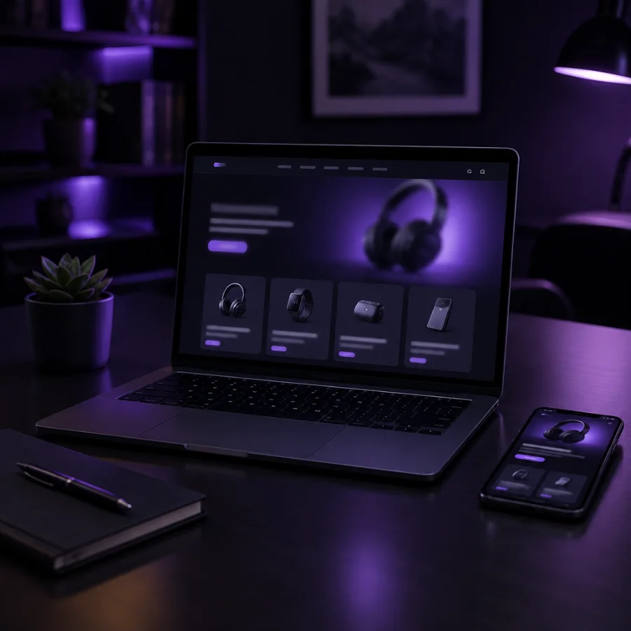 Web Design Gauteng 18 A laptop and phone on a dark desk showing an online store website