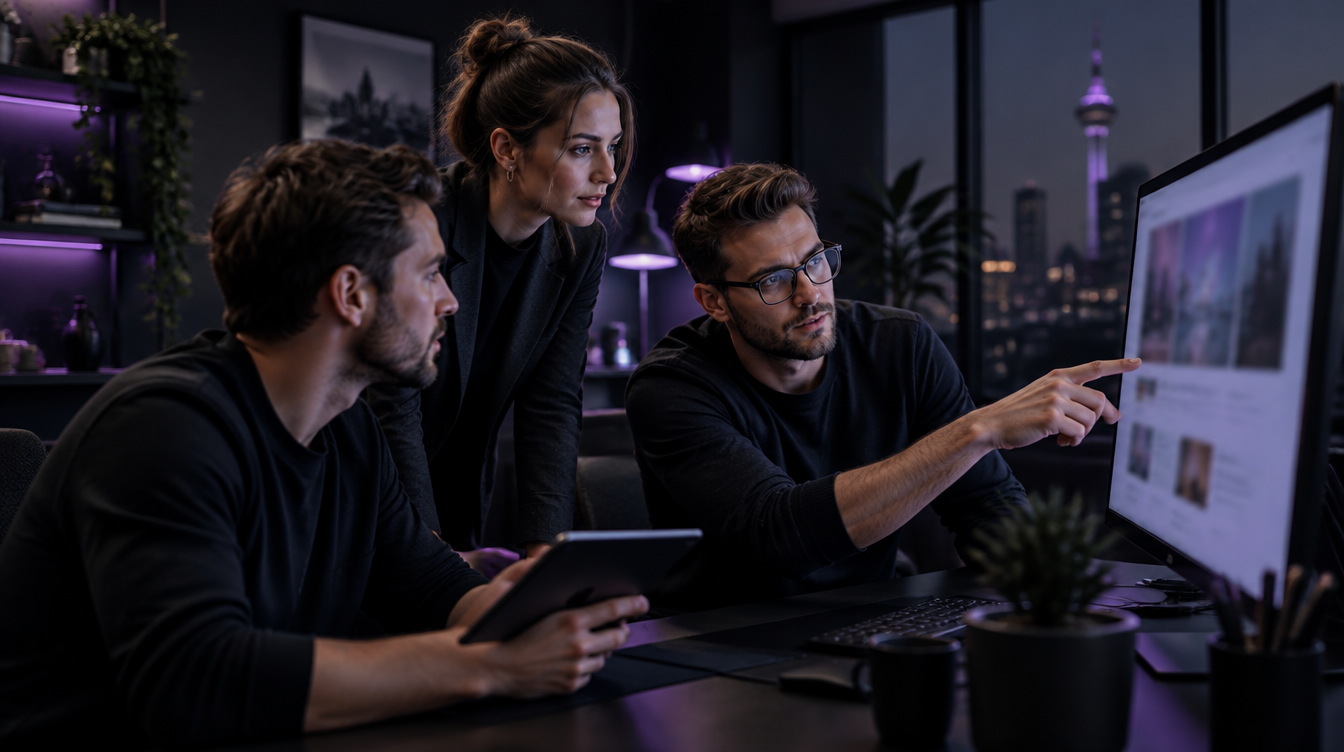 Web design team in Johannesburg reviewing a client website project on a large monitor