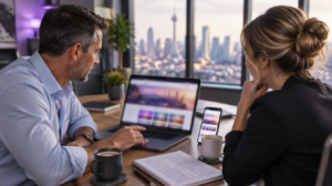 Website design Johannesburg: a business owner reviews a new website layout with a web designer