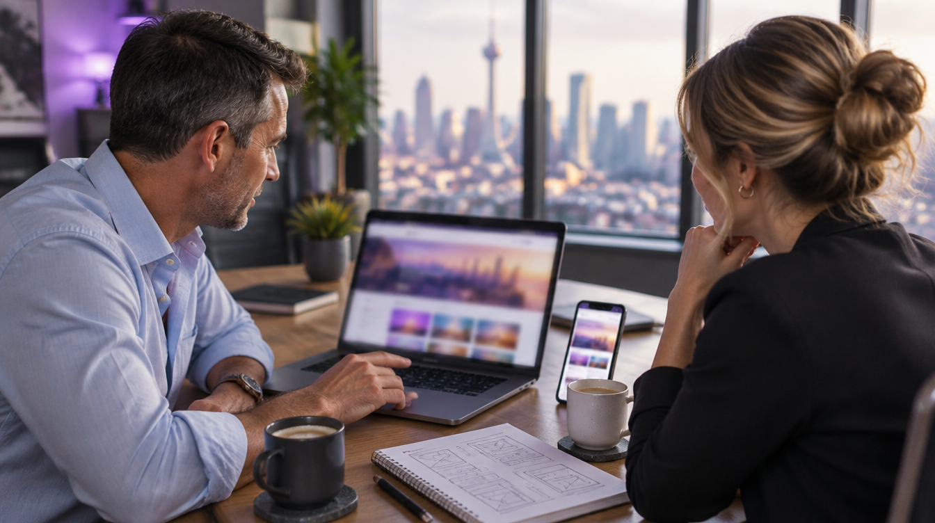 Website design Johannesburg: a business owner reviews a new website layout with a web designer